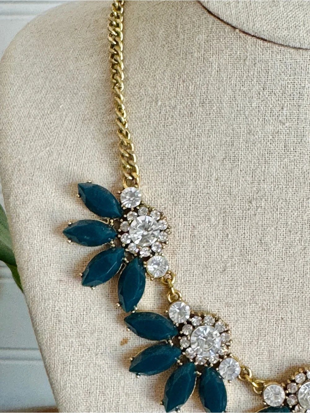 J.Crew Teal Crystal Rhinestone Floral Statement Necklace Gold Tone